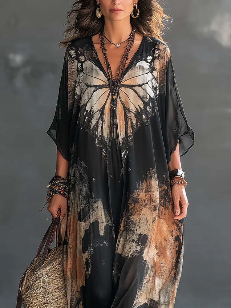 Robe longue maxi élégante pour femme en mousseline de soie à imprimé papillon, col en V, manches chauve-souris mi-longues, coupe ample et oversize, style bohème décontracté pour la plage