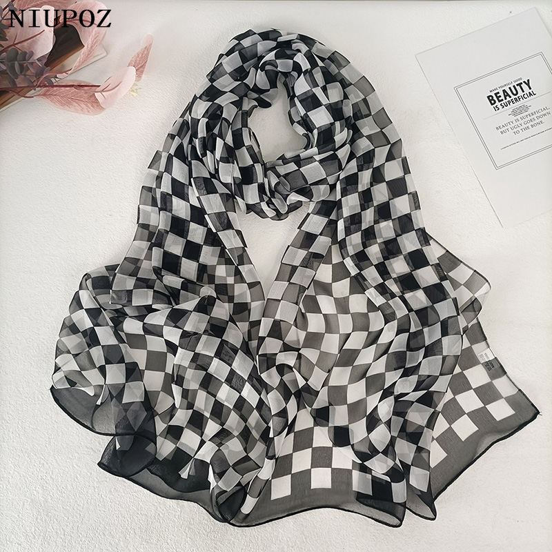 Foulard à carreaux pour femmes, élégant, en mousseline de soie, Georgette, Bandana, été, plage, voyage, Protection solaire, Hijab fin