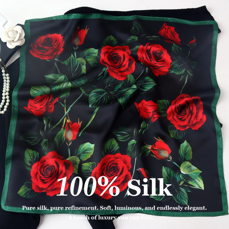 Nouvelles écharpes carrées 100 % soie naturelle pour femmes, imprimées florales, foulards, châles de plage, bandanas, hijabs, écharpes, rubans pour sacs