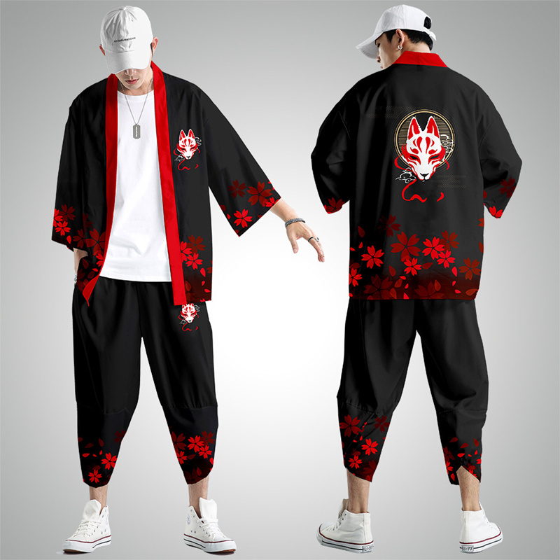 Robe Harajuku, vêtements asiatiques tendance, kimono imprimé dragon anime + pantalon, streetwear japonais pour hommes et femmes, cardigan cosplay Haori