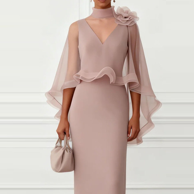 Robe longue sirène élégante pour femme, taille haute, coupe ajustée, col châle sexy, col en V, bordure à volants, couleur unie, pour soirée
