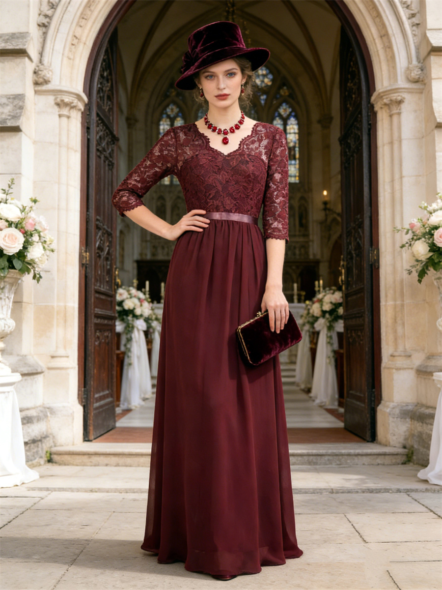 Robe longue en dentelle Patchwork pour femmes, col en v, demi-manches, robes plissées pour fête de mariage, soirée élégante ﻿