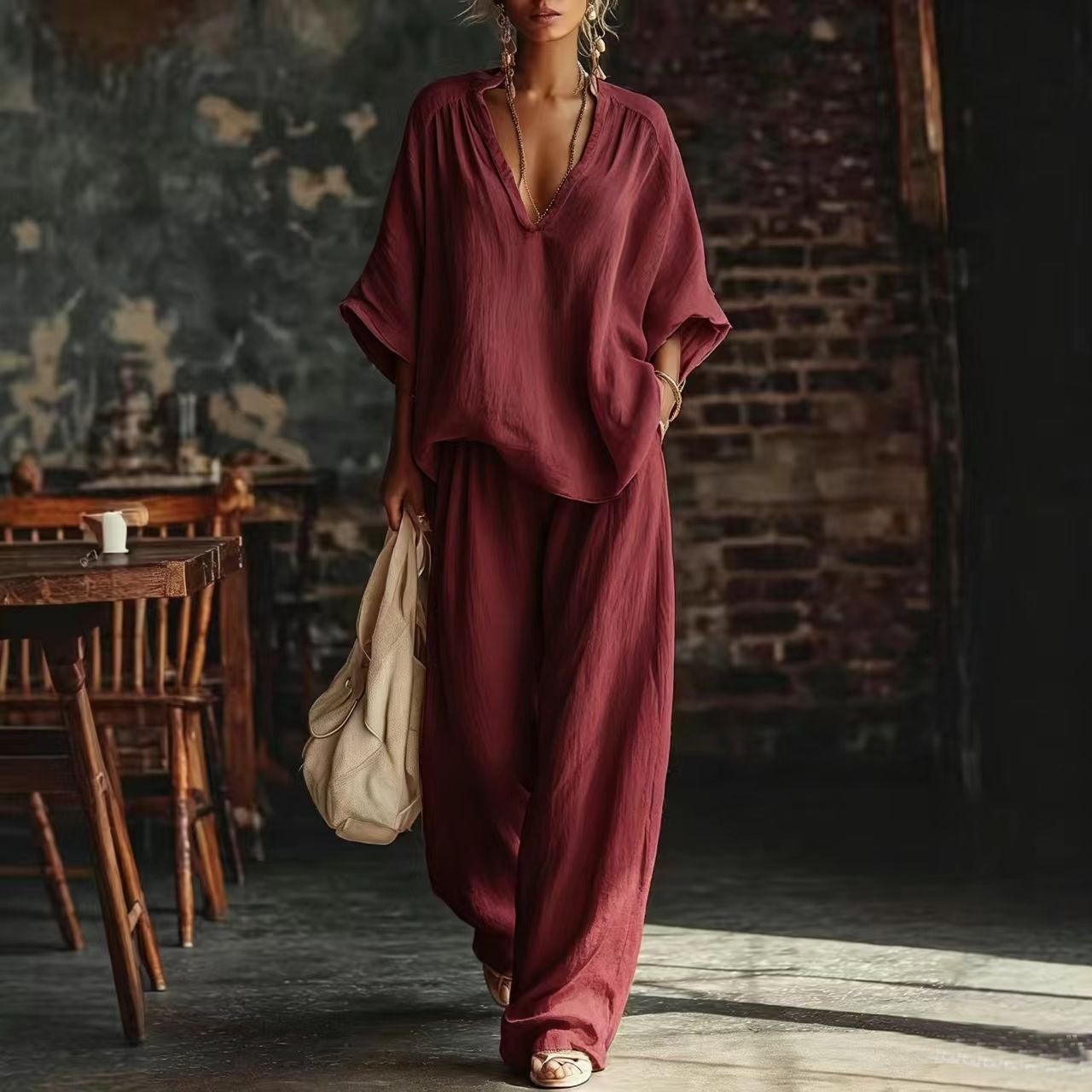 Ensemble de vêtements pour femmes, haut à manches courtes à col en V, pantalon large, style décontracté, pour le printemps et l'été, ensemble de 2 pièces pour les vacances