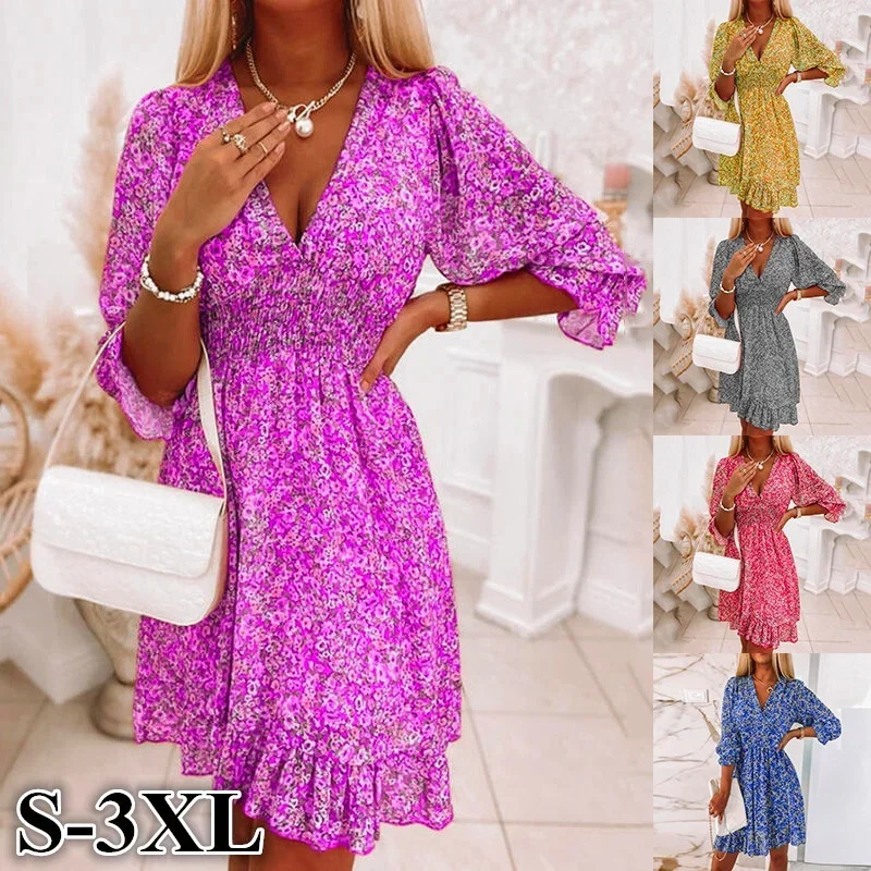 Robe florale d'été pour femmes, jupe mi-longue décontractée, serrer la taille, pull imprimé, manches courtes, style bohémien, robes lumineuses