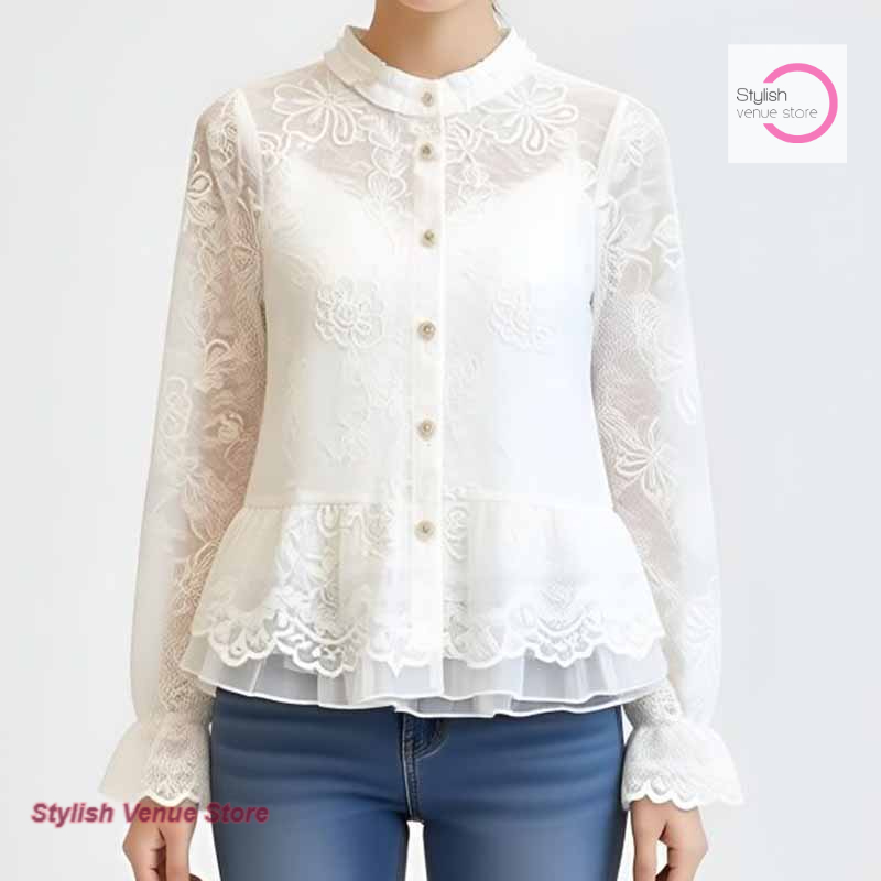 Chemise à manches longues en dentelle brodée style palais français, motif floral, nouvelle mode printemps-automne, élégante et décontractée pour femme