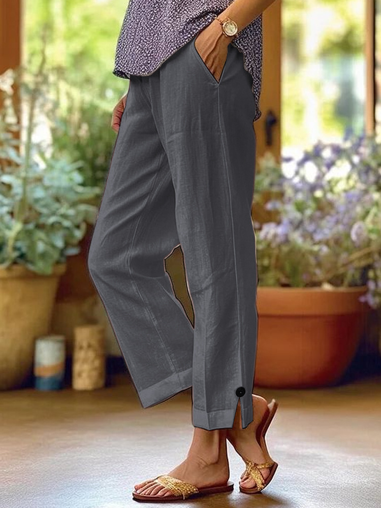 Pantalons décontractés pour femmes mélange de coton et de lin taille élastique poche mode Simple fente bouton basique polyvalent jambe droite pantalon