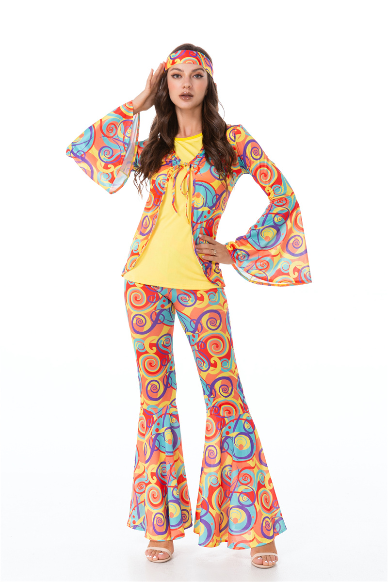 Costume de couple pour fête, style hippie rétro années 70, motif cœur d'amour et de paix, tenue rock disco, pour hommes et femmes, costume de cosplay hippie à pattes d'éléphant
