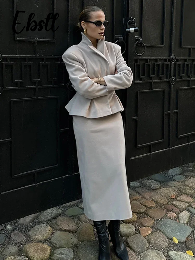 Slim laine Blazer manteau jupes ensemble femmes gris revers caché boucle manteaux hanche paquet jupe longue 2025 nouvelles tenues élégantes féminines