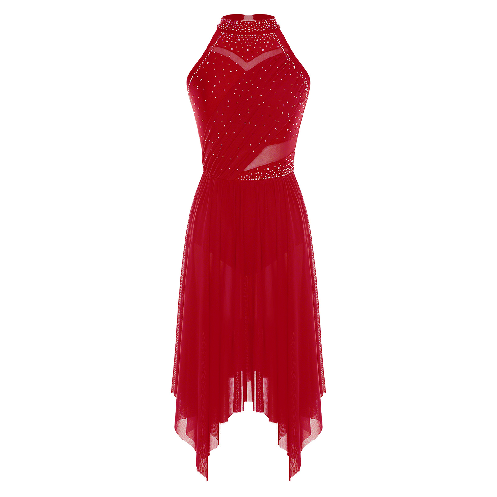 Robe de danse lyrique pour femmes, col licou, strass scintillants, Patchwork, maille irrégulière, ourlet à volants, pour compétition de cours de danse