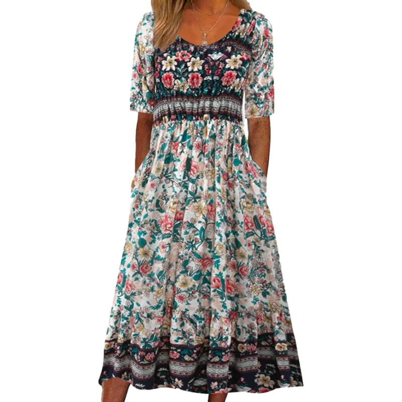 Robes pour femmes 2026 – Nouvelle collection été : Robe longue à col rond et manches courtes, imprimé bohème, pour vêtements féminins (vestidos)