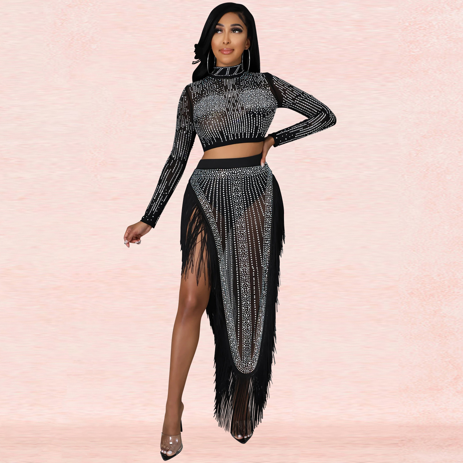 Ensemble jupe femmes deux pièces ensembles de robe col montant ensemble assorti diamant hauts courts fête taille haute jupes longues Sexy gland chaud