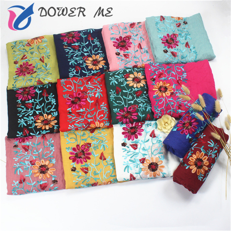 Foulard en Viscose brodé pour femme, châle en coton, point uni, fleur bleu marine, Hijab musulman, mode automne 2026
