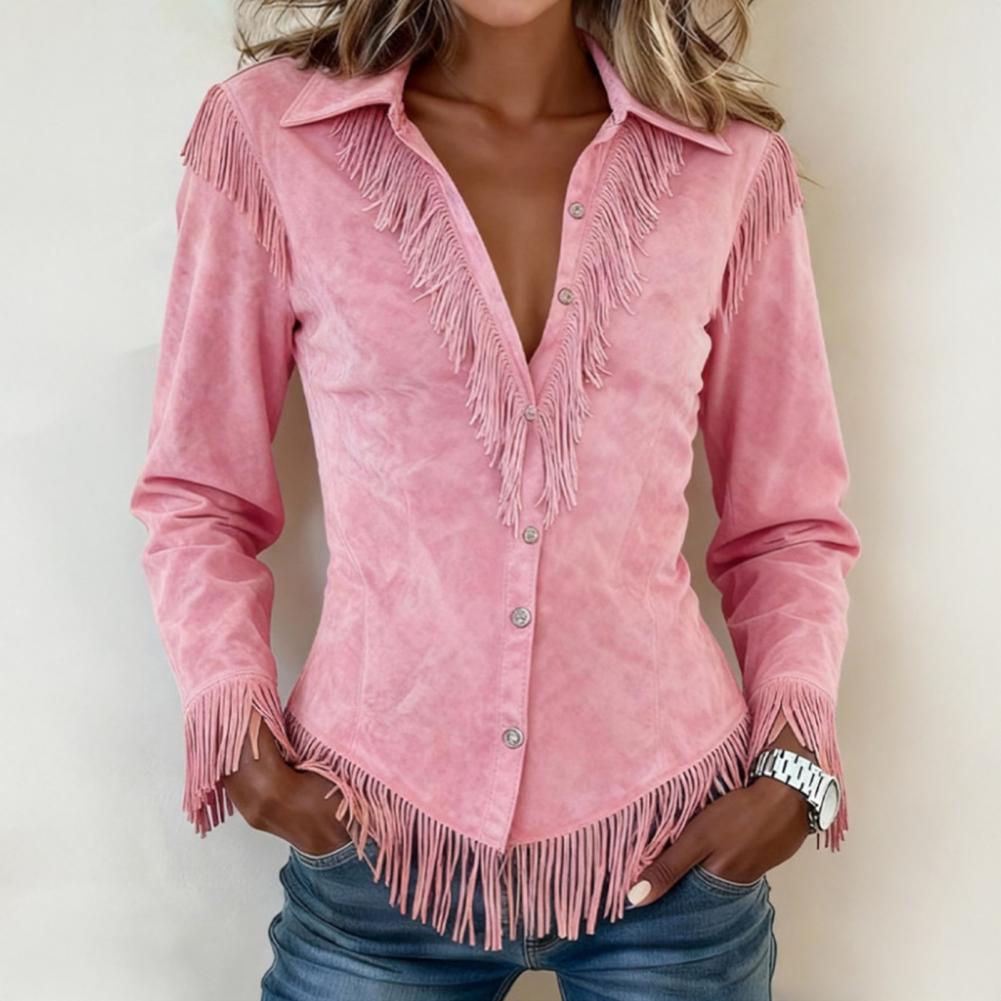 Chemise à franges pour femme, nouveau style western cowboy, en daim, ajustée, à manches longues, élégante, chemisier à franges pour cowgirl