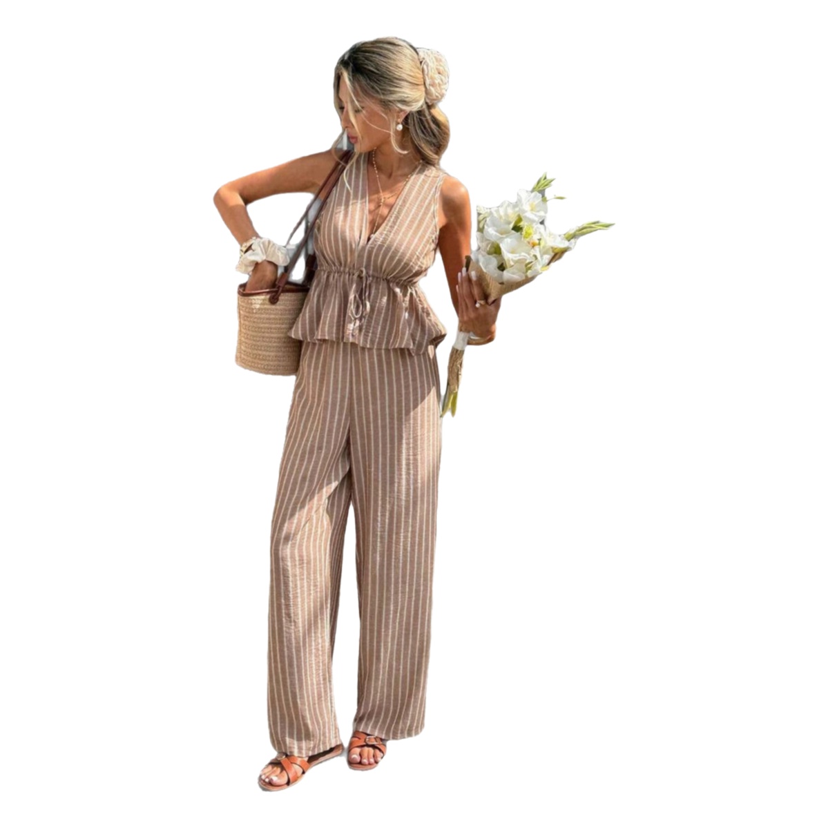 Ensemble élégant rayé col en V sans manches et pantalon large – Tenue décontractée confortable pour femme – Vêtements transfrontaliers tendance pour l'été