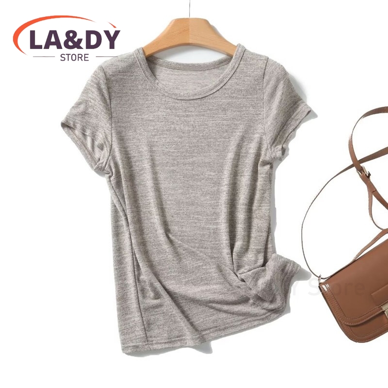 T-shirt d'été pour femmes, doux et respirant, col rond, manches courtes, haut décontracté gris, vêtements basiques pour femmes