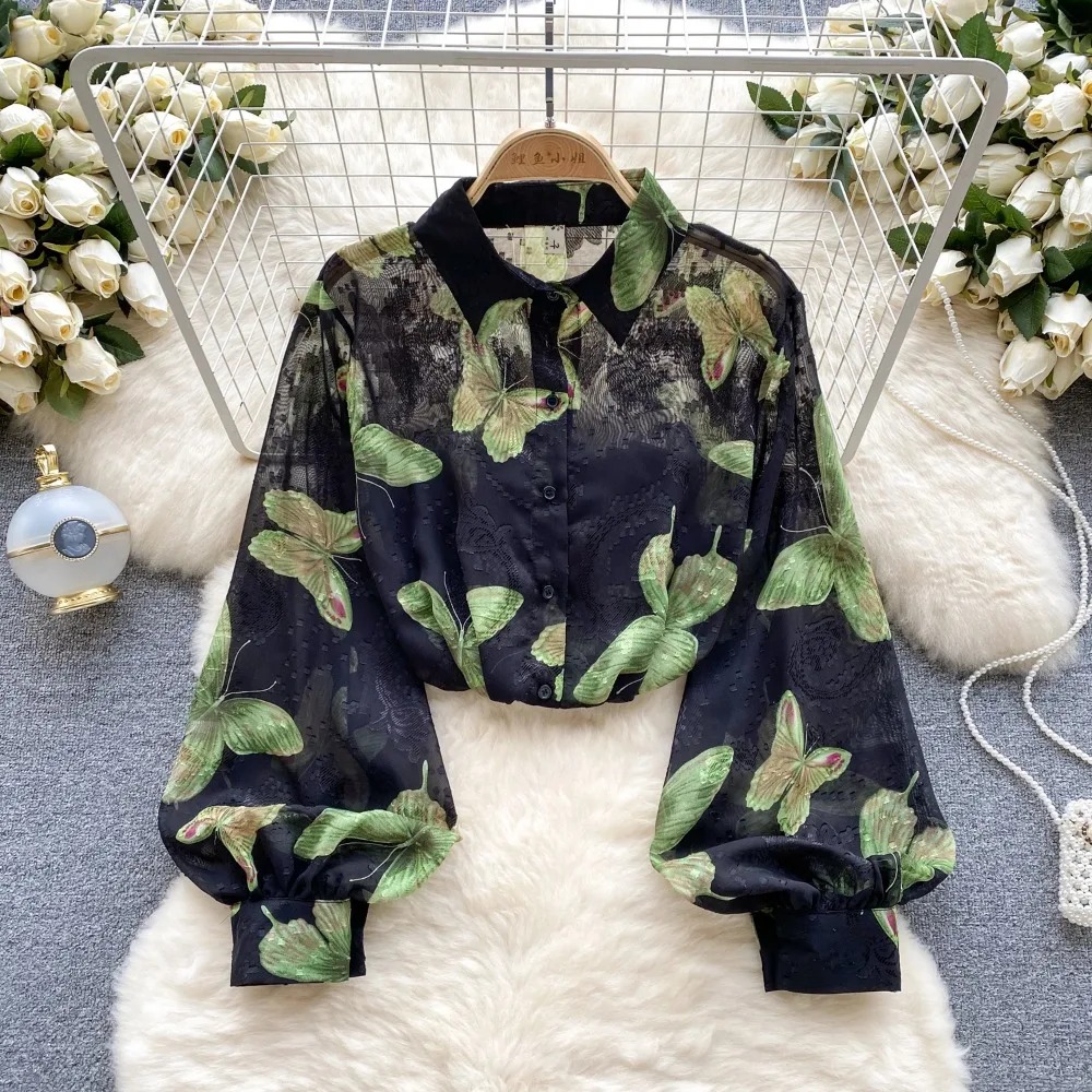 Chemisier Vintage Élégant à Manches Lanternes pour Femme, Chemise à Col Polo Décontractée, Chic, Haut Dégradé, Été