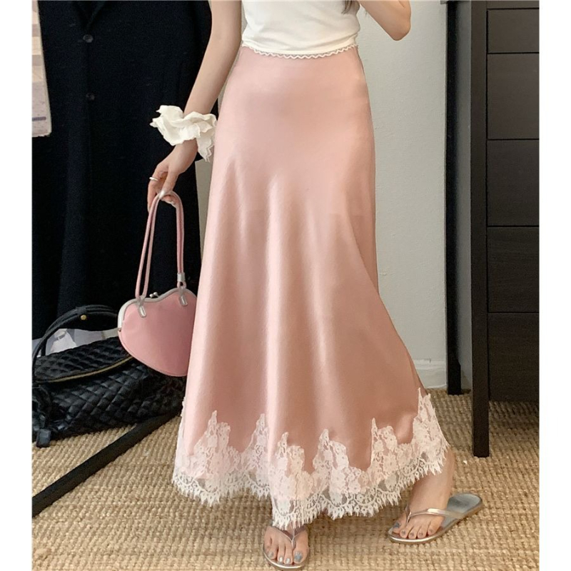 Jupes longues élégantes pour femmes, taille haute, dentelle, Satin, ligne a, mode coréenne, couleur unie, jupe ample pour femmes, été