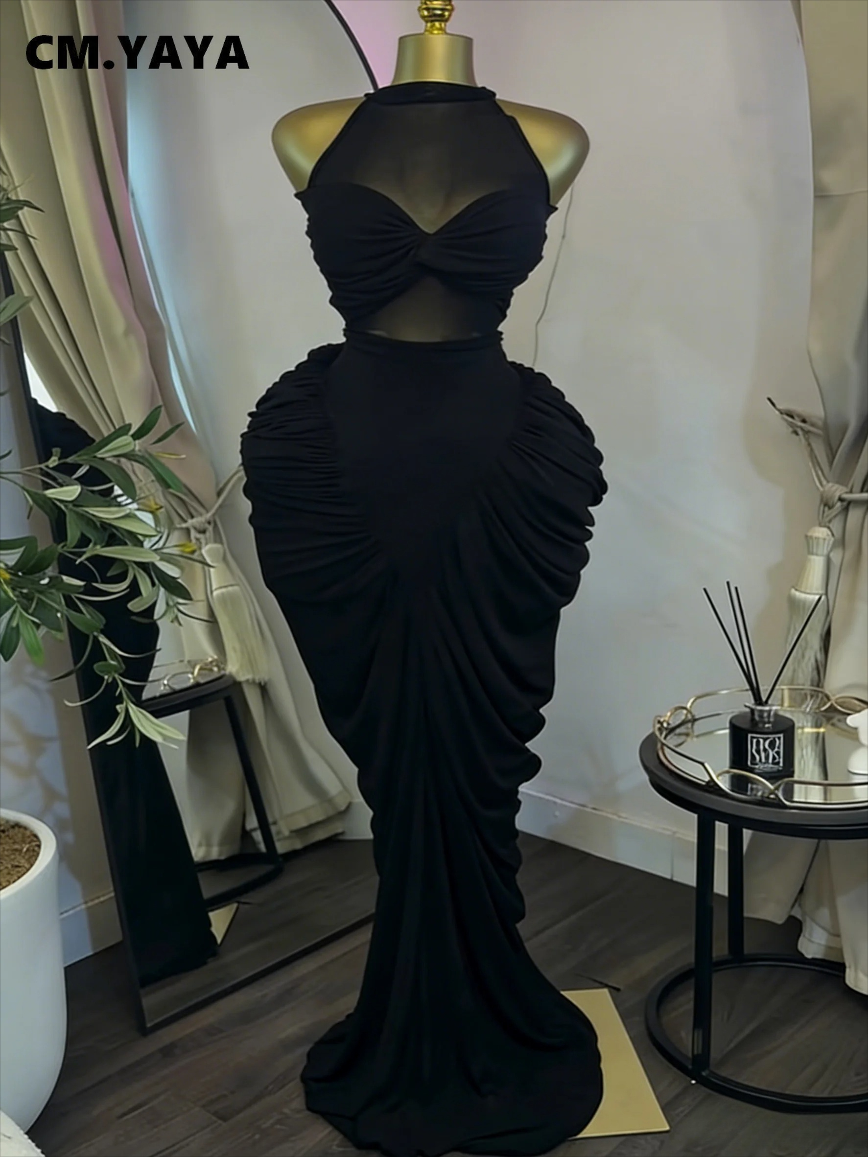 CM.YAYA Robe longue maxi smockée sans manches pour femme, avec patchwork, fronces et lacets, idéale pour les vacances, les soirées et les anniversaires - Vestidos