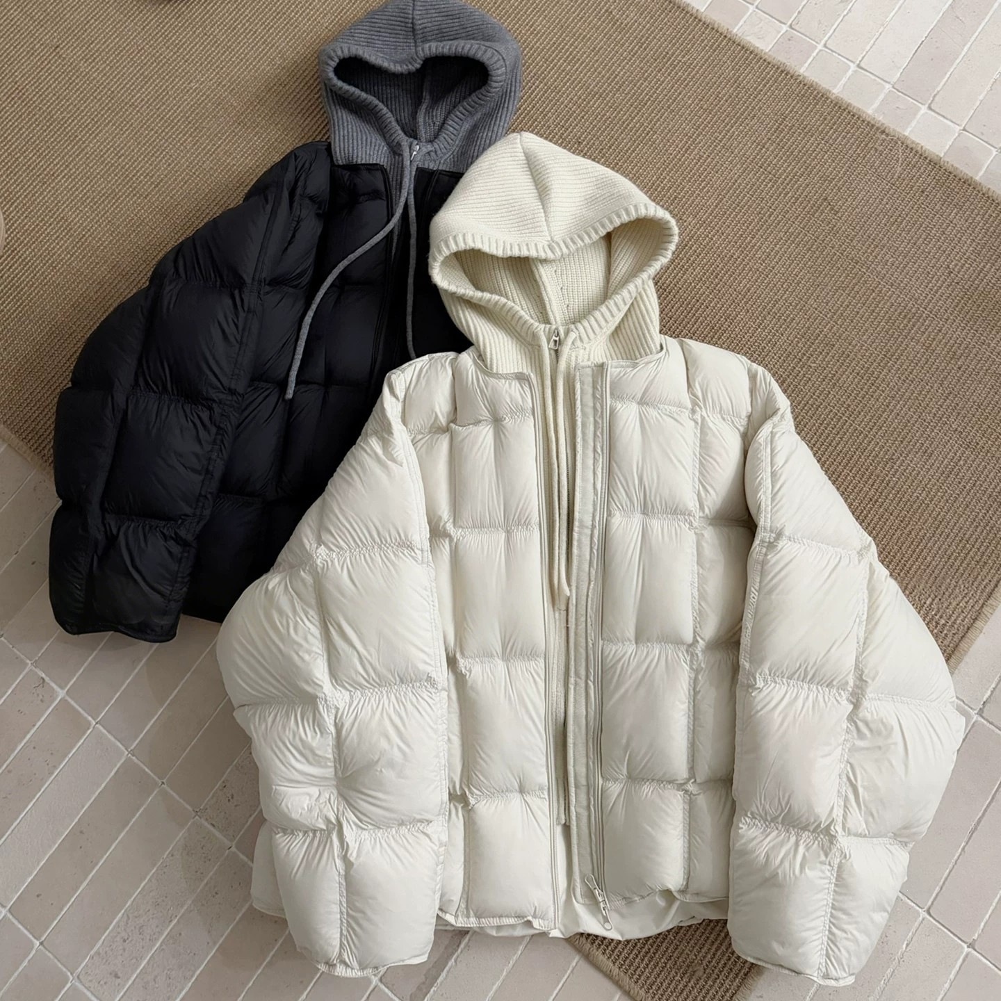 Parka pour femmes, veste matelassée en coton à capuche tricotée, effet deux pièces, coupe ample, chaude et épaisse, manteau d'extérieur pour femme.
