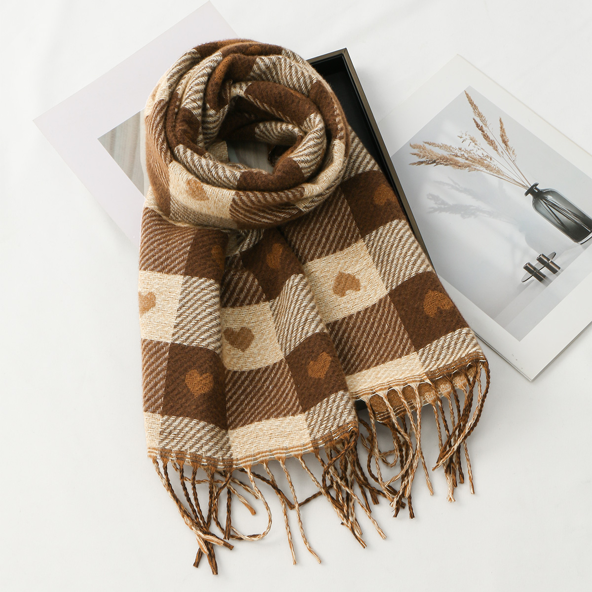 Écharpe à motifs de cœur pour femmes, écharpe confortable à carreaux, épaisse et chaude, grande couverture, châle, Pashmina, automne et hiver