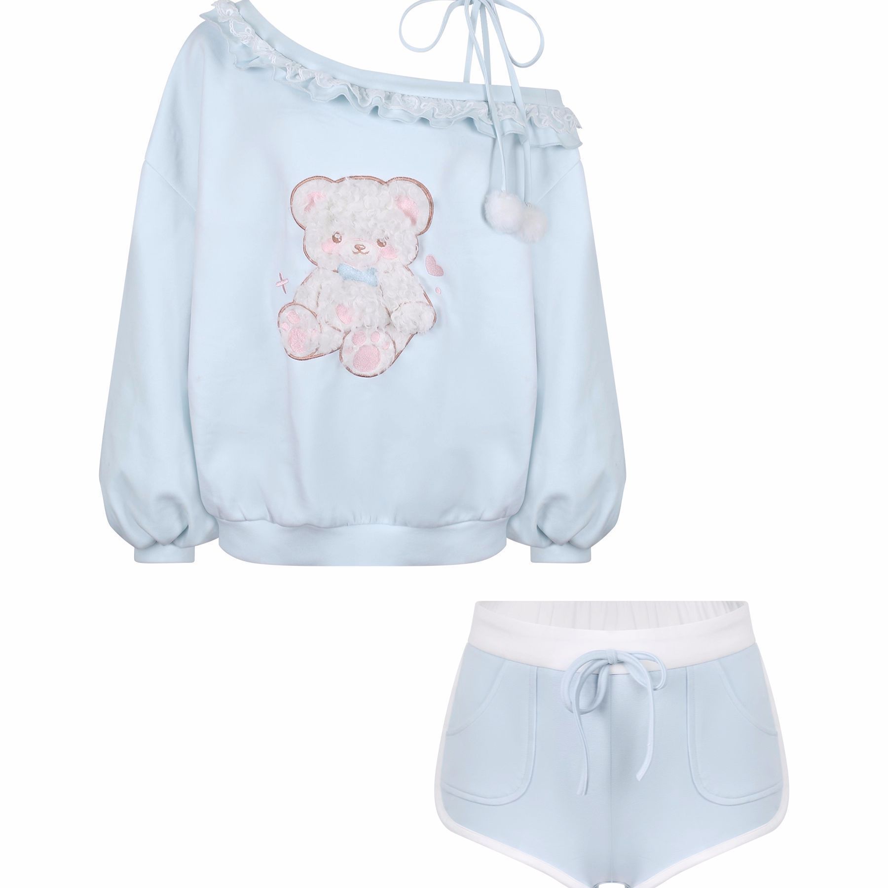 Ensemble deux pièces pour fille, style japonais kawaii, broderie, Y2k, chemise à manches longues à col asymétrique plissé, short à cordon de serrage