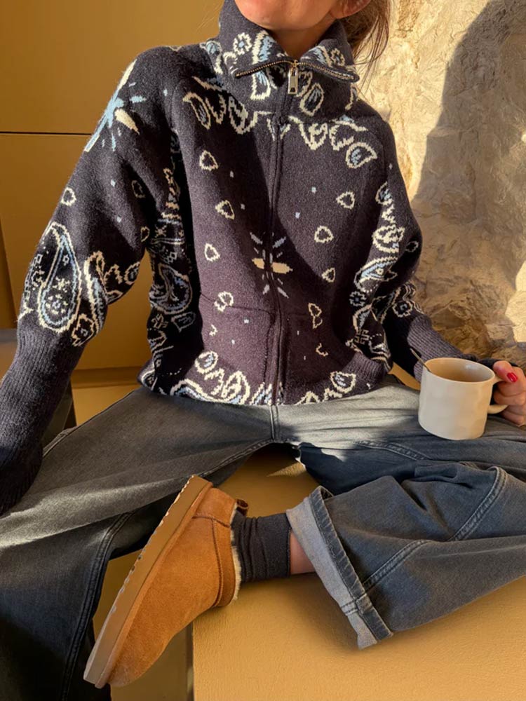 Cardigan Jacquard décontracté pour femmes, ample, col montant, poches zippées, pull assorti avec tout, tricot épais et chaud, printemps 2026
