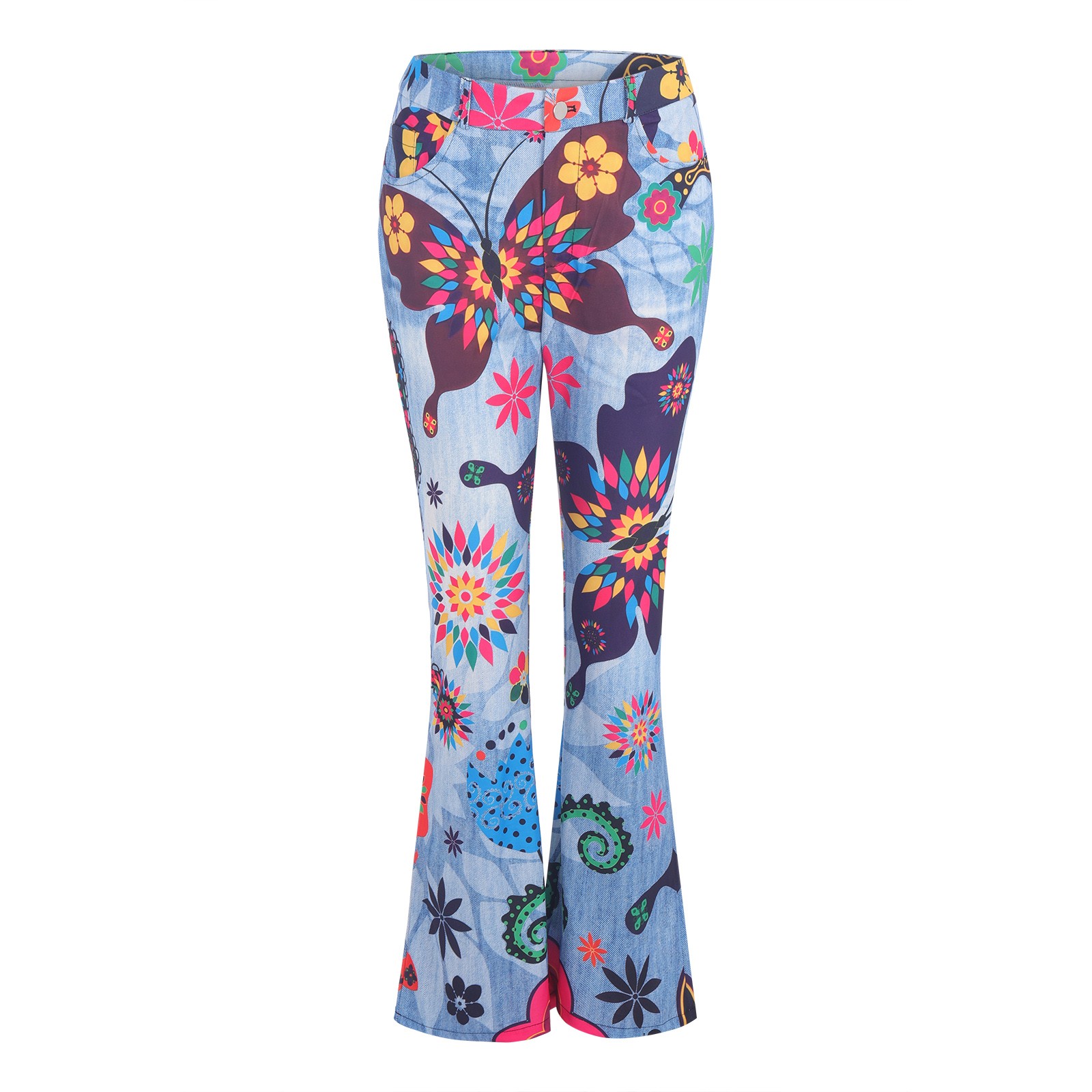 Jean Cargo Taille Haute pour Femme, Pantalon en Denim Évasé, Imprimé Floral, Faux Denim