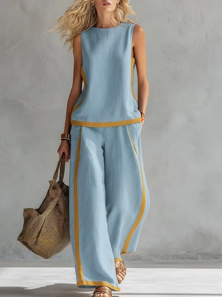 Ensemble deux pièces sans manches pour femme, pantalon large contrastant, col rond ample, poches, tenue de sport assortie pour le streetwear