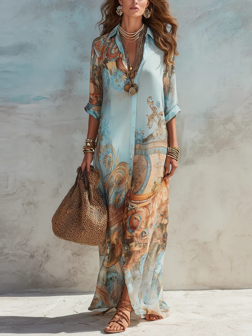 Robe chemise pour femmes en mousseline de soie, imprimé numérique, col rabattu, boutonnage simple, robes fluides, décontractées, style bohème, vêtements d'été