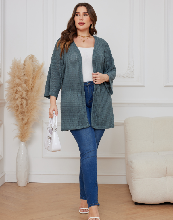 Cardigan décontracté respirant pour femme, cardigan gaufré 107, manches trois-quarts, grande taille