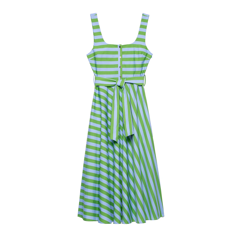 Robe midi chic pour femme, style été, avec ceinture, rayures, boutons sur le devant, fermeture éclair latérale, bretelles vintage, col carré, design élégant