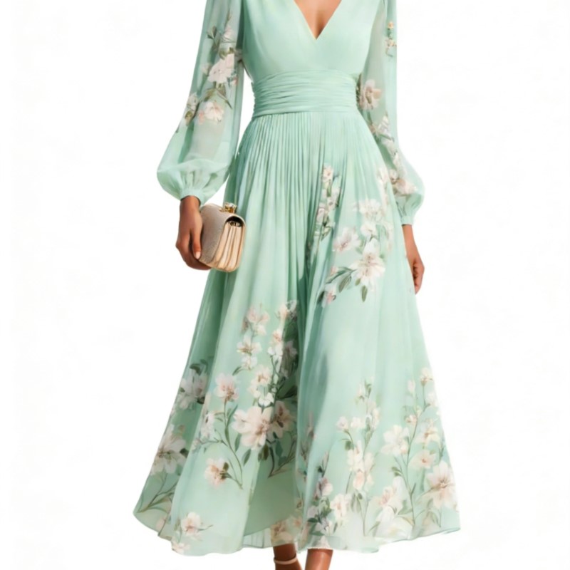 Nouvelle robe élégante pour femmes printemps-été, robe sexy à col en V, imprimé, manches longues, grande robe évasée, robe de fête, robe maxi pour femmes, vêtements