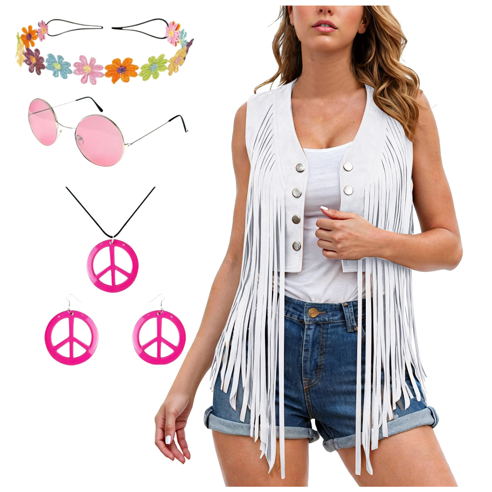 Costume hippie années 60-70 pour femmes, veste à franges, bandeau, lunettes de soleil, collier, boucles d'oreilles, tenue pour soirée dansante, disco, rave