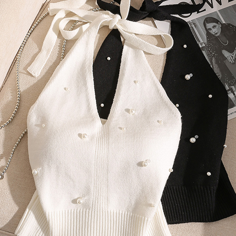 Mode française perlée licou cou cravate noeud dos nu tricoté gilet pour les femmes