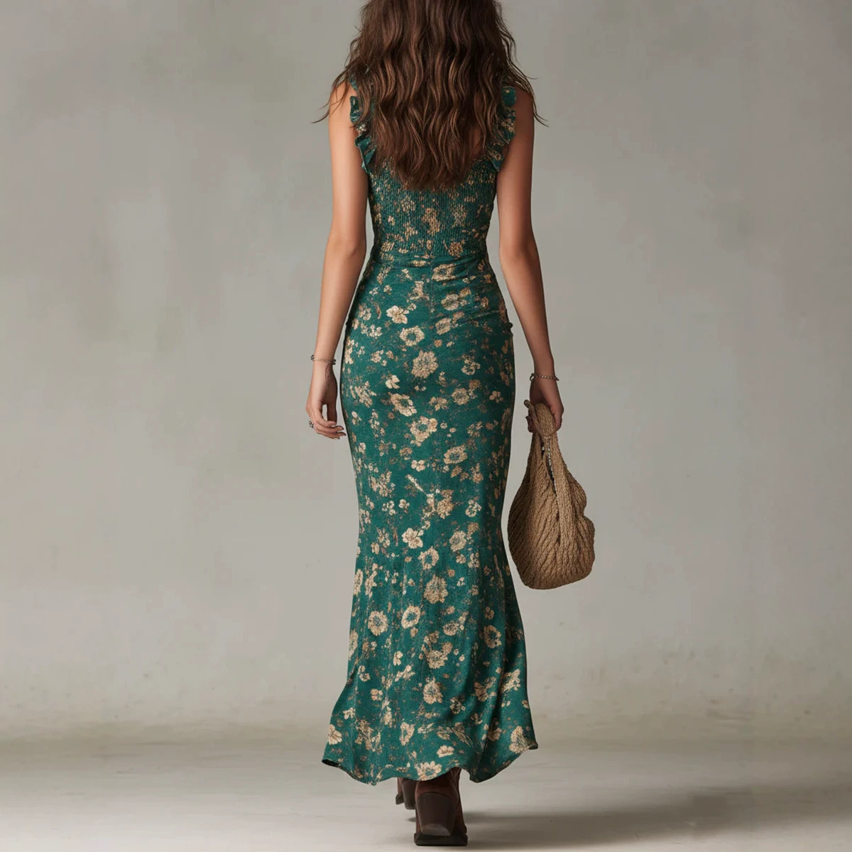 Robes pour femmes 2026 Nouvelle robe bohème rétro à imprimé floral, sans manches, à col halter et fente haute, vêtements pour femmes, vestidos