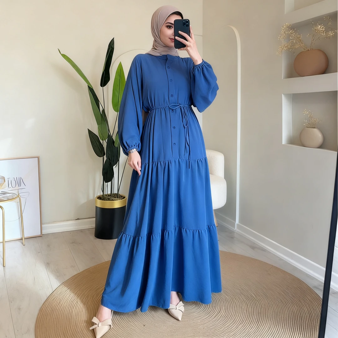 Eid femmes musulmanes Robe Abaya solide simple boutonnage fête Jalabiya Ramadan robes longues robes Largos caftan arabe longue Robe