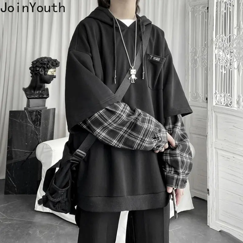 Vêtements pour femmes faux deux sweats à capuche Patchwork Plaid à capuche hauts surdimensionnés coréen Y2K vêtements pour adolescents Harajuku sweat-shirt décontracté