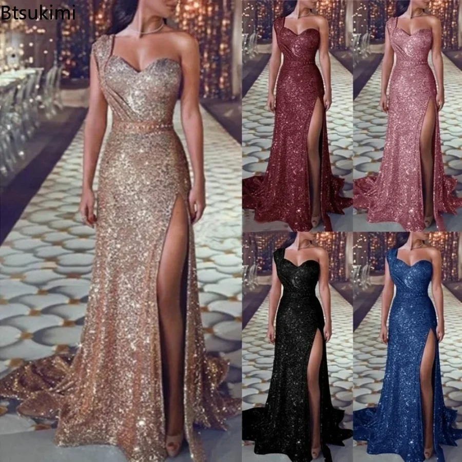 Robe de soirée de mariage pour femmes, élégante, Sexy, décolleté en V profond, asymétrique épaule dénudée, sans manches, paillettes, longue, Maxi, 2026