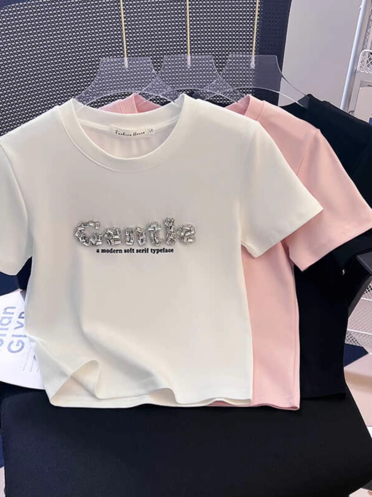 T-Shirt à manches courtes pour femmes, haut en coton, broderie lourde, taille cintrée, épaule plissée sur le côté, Slim Fit, nouveau chemisier d'été