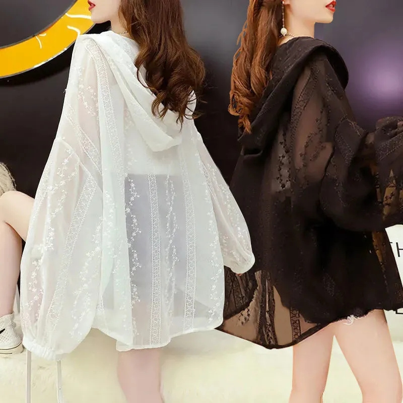 Veste en dentelle à capuche ajourée pour femmes, manteau d'été, cardigan Bice injLack, haut Streetwear, noir, blanc, vêtements de protection solaire, nouveau, 2024