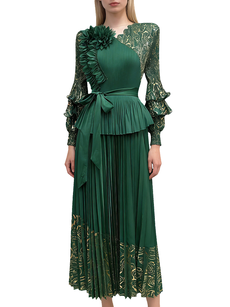 Robe plissée élégante à volants GVUW pour femme, manches lanternes, taille haute, lacets, gaufrage doré, nouvelle collection Printemps 2026, 17S3639