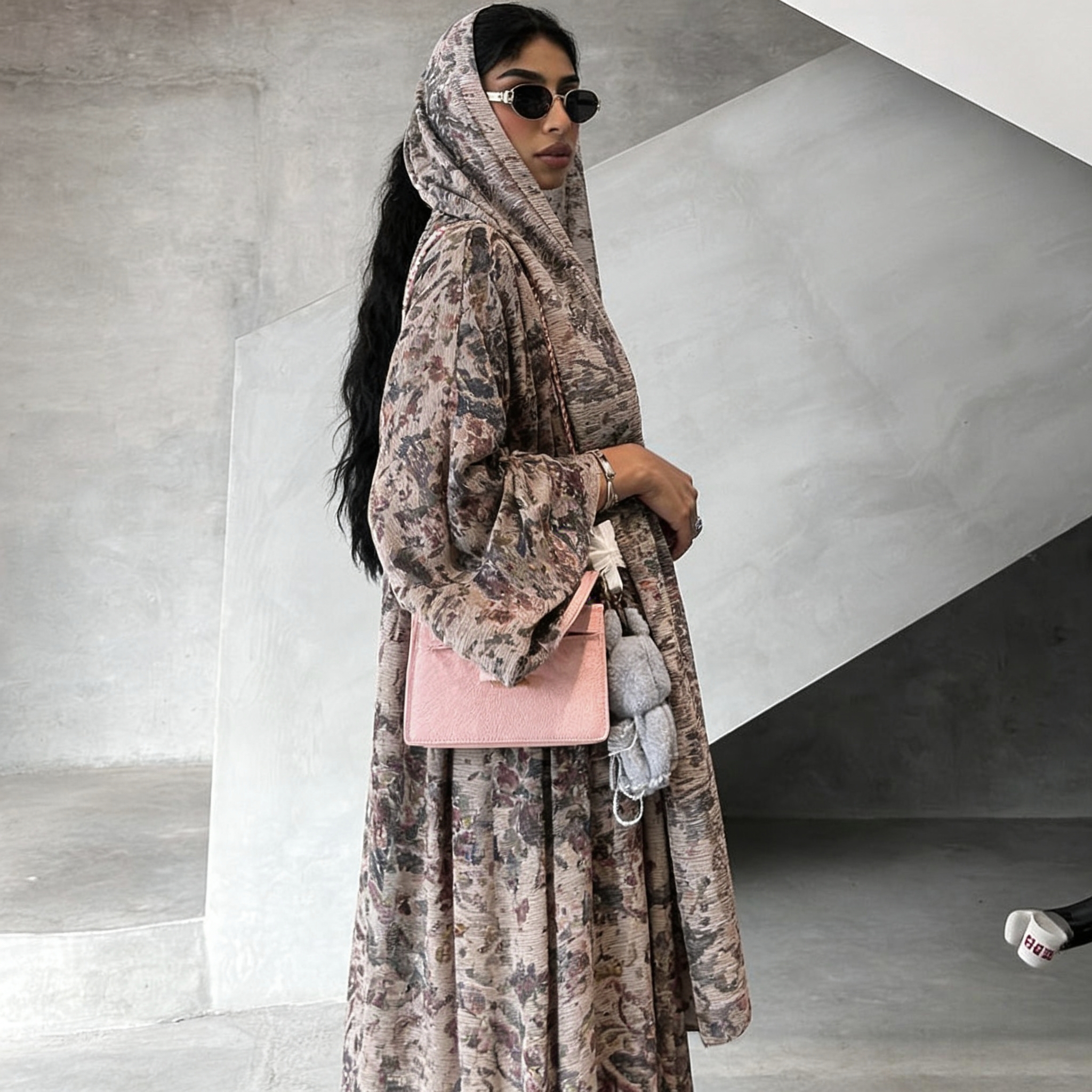 Abaya élégante de style arabe traditionnel avec manches longues amples et imprimé floral, livrée avec un foulard.