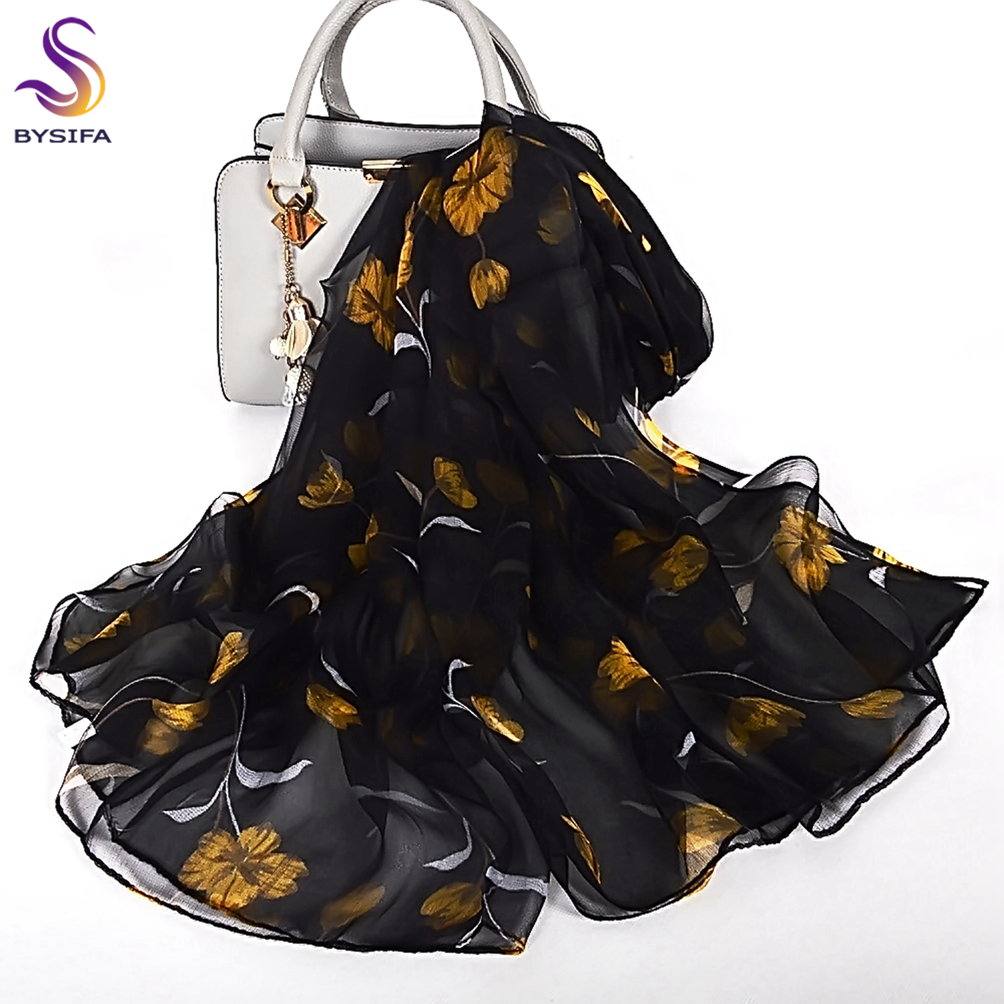 [BYSIFA] noir or femmes longue écharpe en soie imprimé élégant motif Floral marque 100% Pure soie foulards châles pour printemps automne
