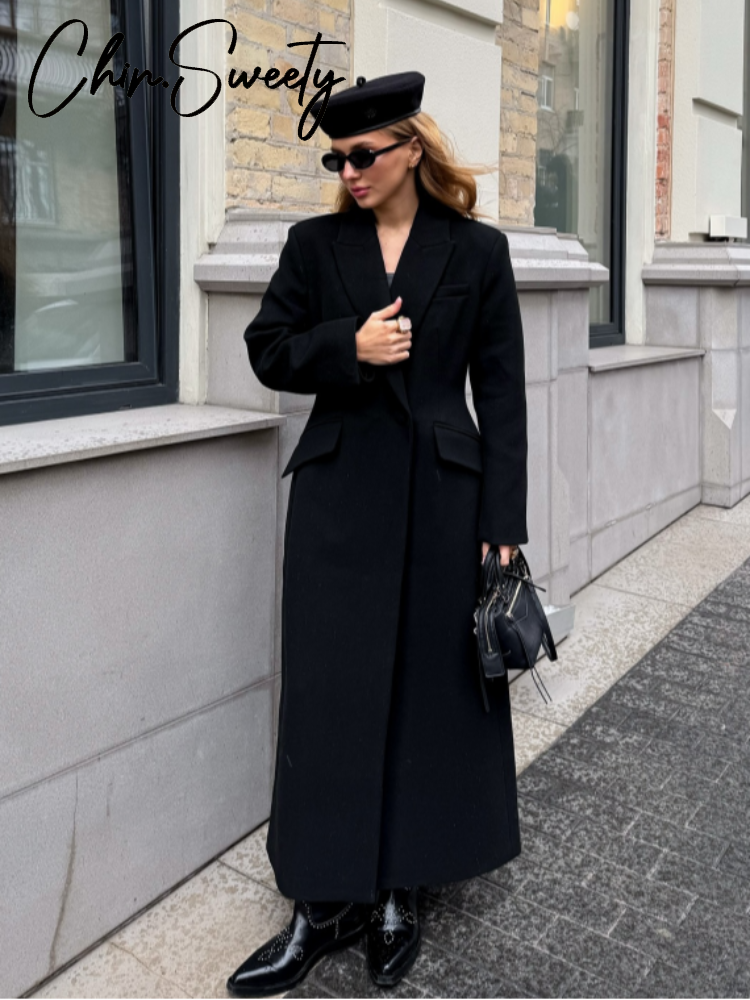 Manteau en laine élégant pour femmes, noir, simple bouton, col montant, Slim, longs manteaux, automne hiver 2021, Chic, Streetwear féminin, nouveau