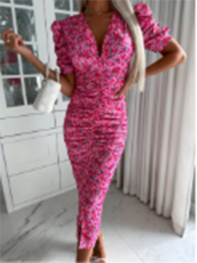 Robe d'été à imprimé floral pour femmes, col en V profond, manches courtes, tambour, hanches GT, robes de soirée, mode féminine décontractée, sexy, éducatif