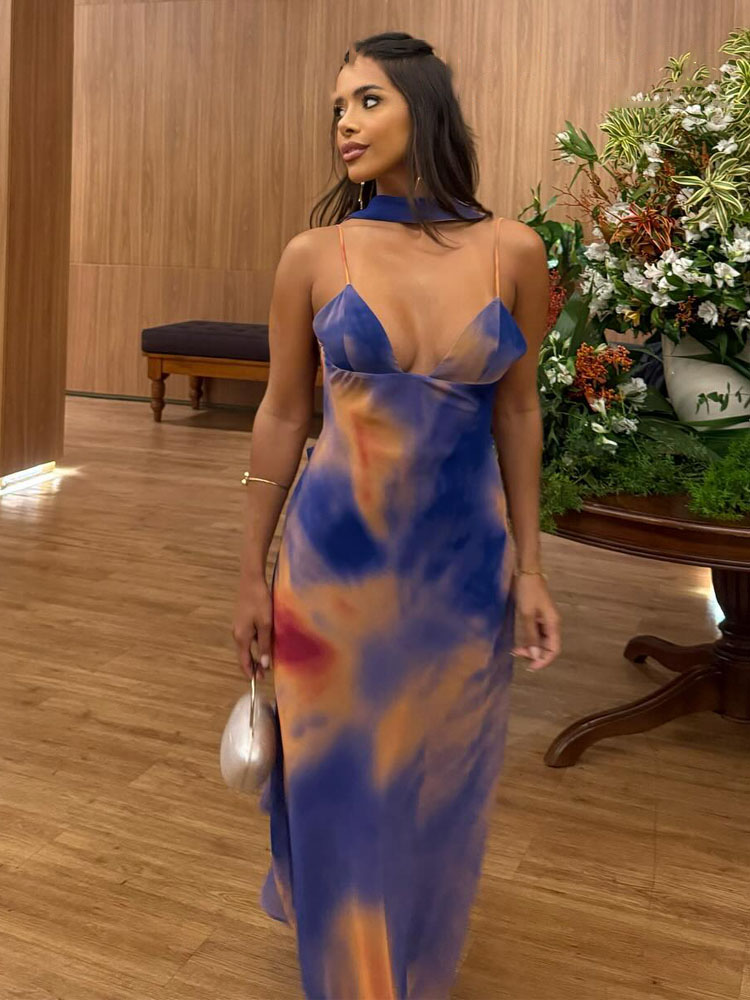 HH femmes mode col en v imprimé longue écharpe sans manches robe mince femme élégante Sexy dos nu fête a-ligne robe à bretelles Mujer