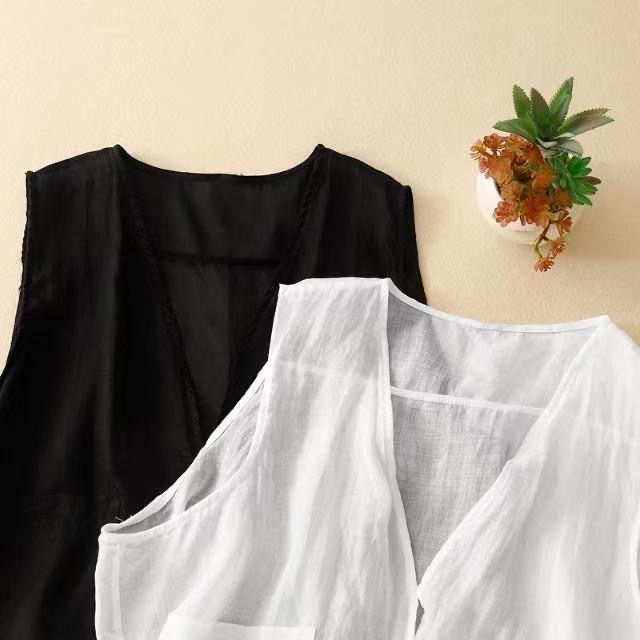 Gilet d'été en coton et lin pour femmes, veste basique sans manches, couleur unie, noir et blanc, manteau élégant, col en v, couverture, haut