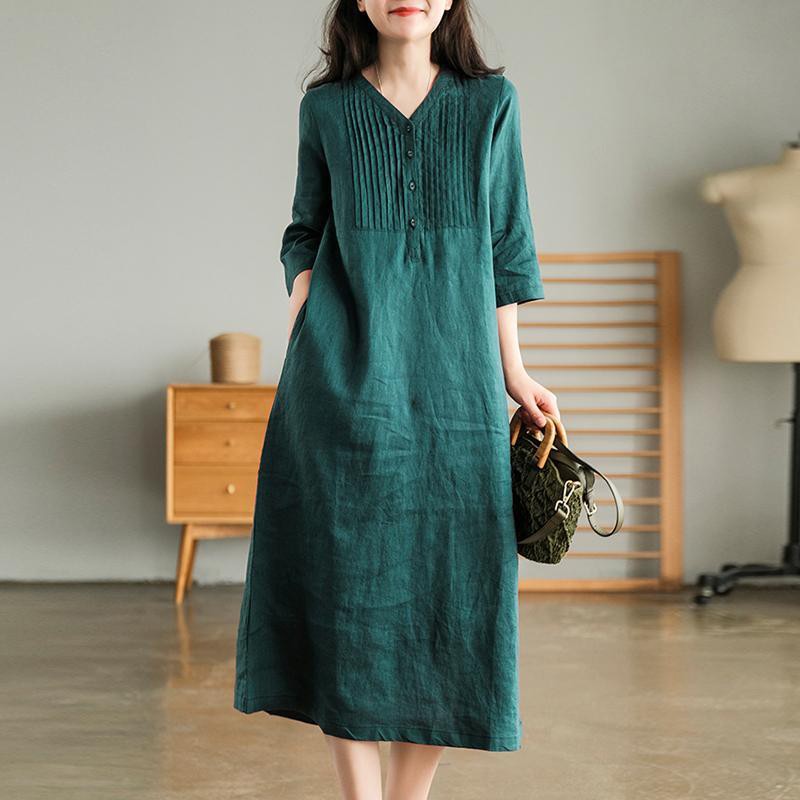 Robe longue en coton et lin pour femmes, style vintage, col en v, couleur unie, nouvelle collection été 2024, B3334