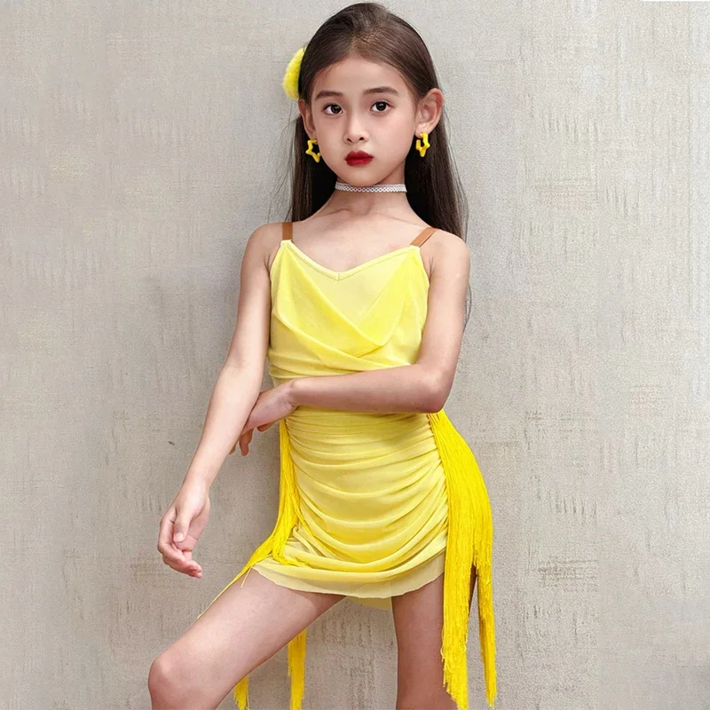 Robe de danse latine pour enfants, col licou, Costume pour filles, Chacha Samba Rumba, jupe à franges, vêtements de danse pour spectacle sur scène