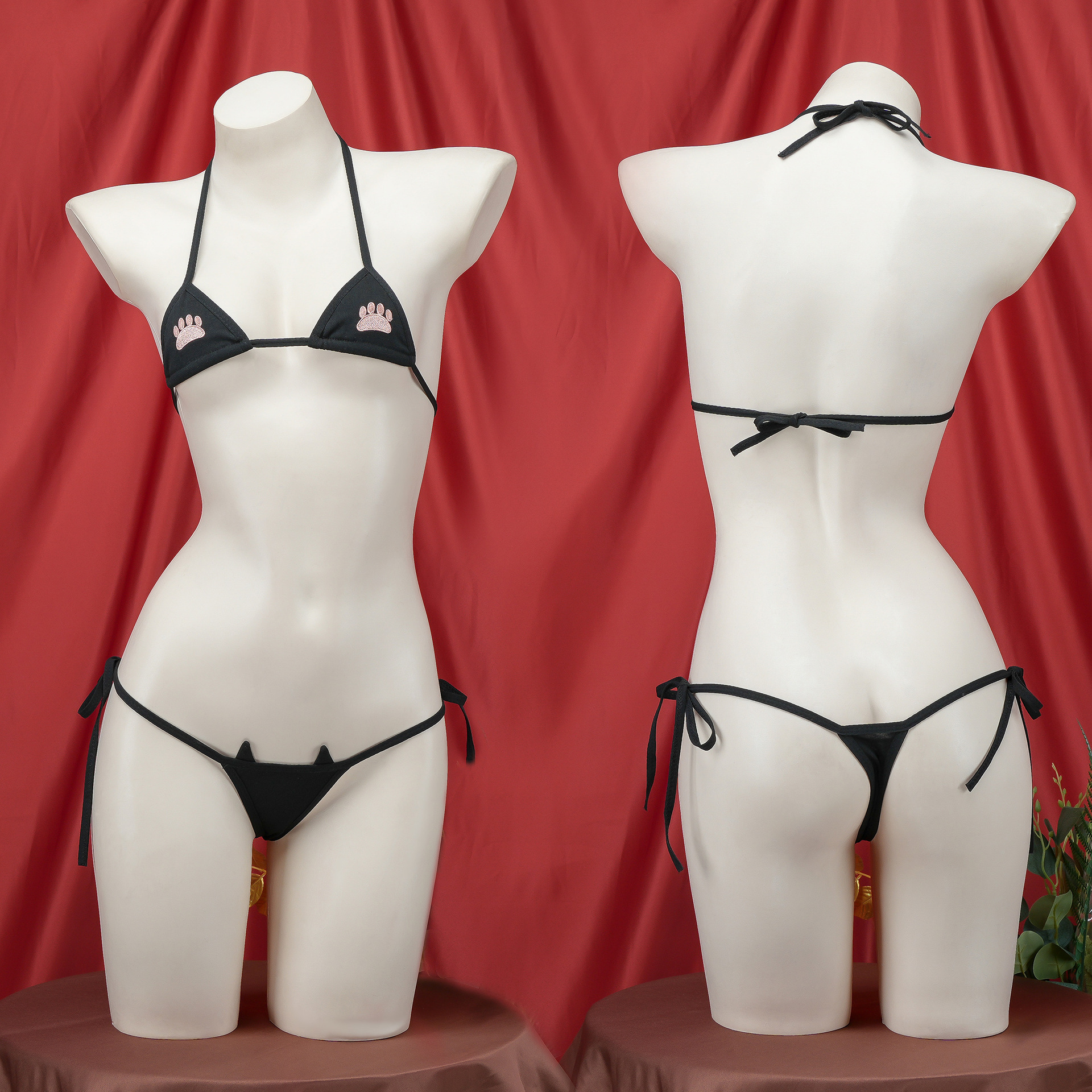 Ensemble de lingerie sexy japonaise Kawaii pour femmes, bikini imprimé griffes de chat, micro-soutien-gorge et culotte trois points, mini maillot de bain